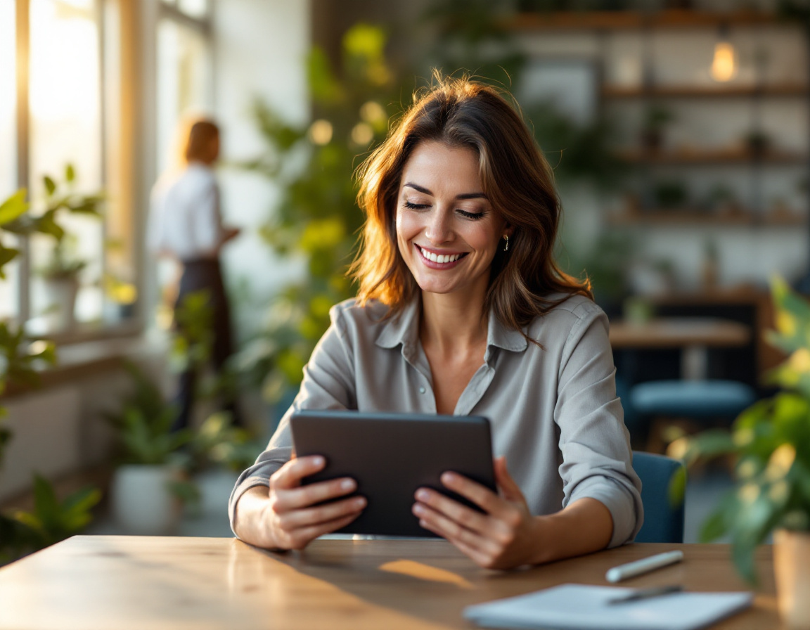 Dirigeante sereine, épaulée par son équipe, consultant son activité sur une tablette